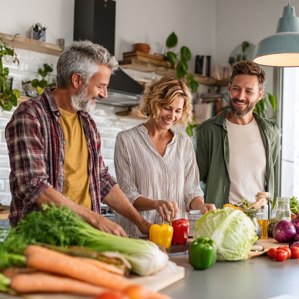 Adults planning healthy meals in a bright kitchen with fresh vegetables and fruits