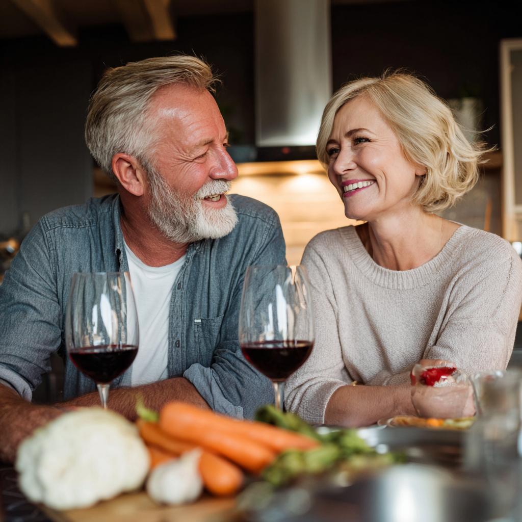 Middle-aged couple enjoying a planned healthy dinner together at home